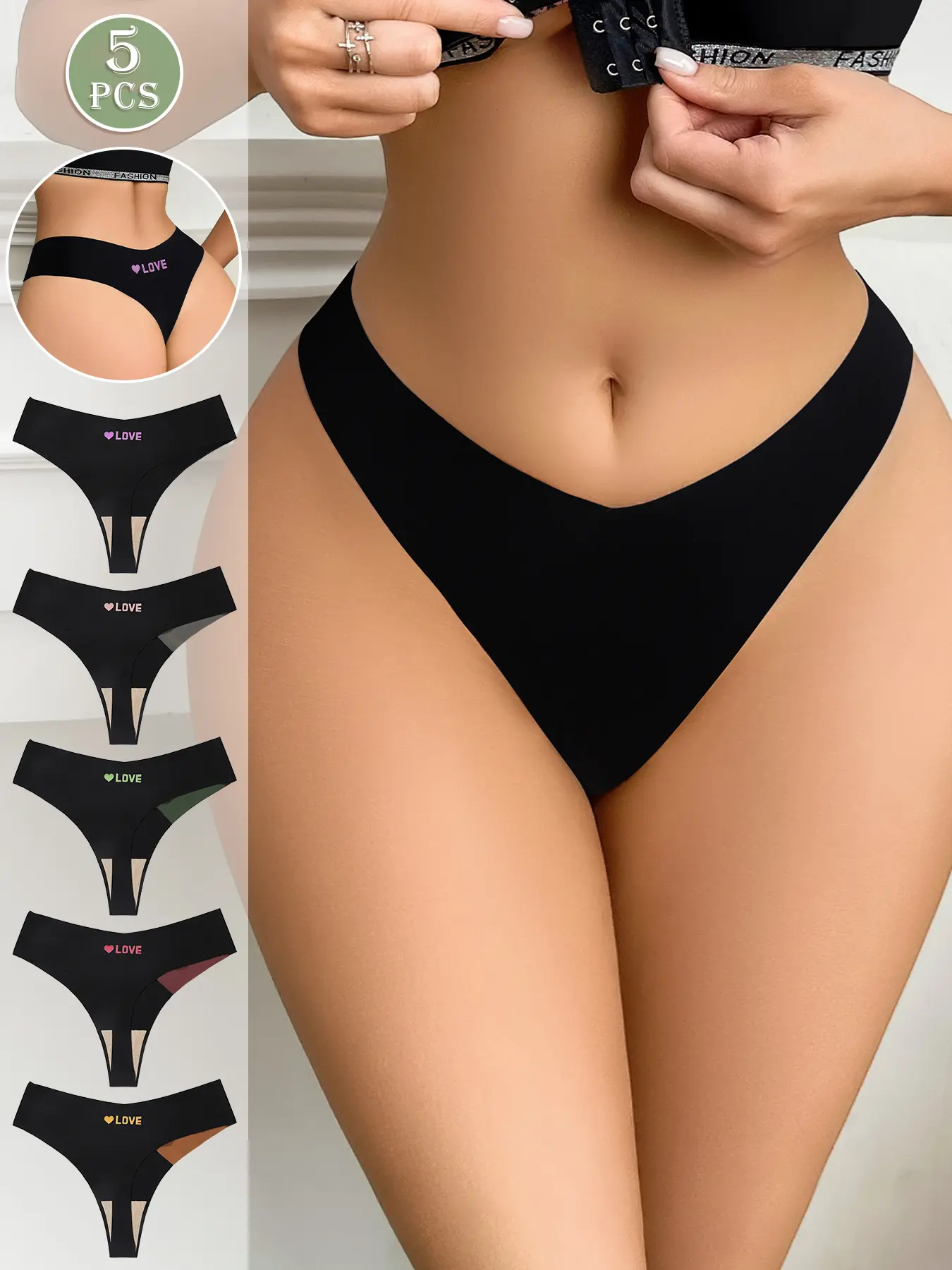 5/10-piece set of women's thongs, V-shaped sexy color-block women's underwear, LOVE letter thong, elastic underwear, suitable for daily work, leisure, and sports wear.