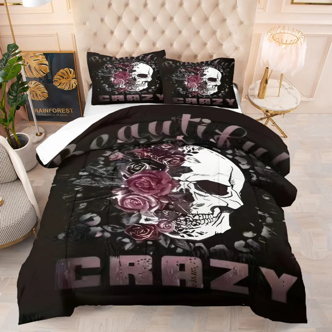 Skull and skull crazy pattern quilt, Decorative Bedding Set, Bedding Supplies, contains 1 quilt and 1 or 2 core-free pillowcases, suitable for home or dormitory decoration, very suitable Day of the Dead gift