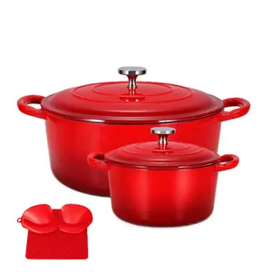 MGKKT Enameled Cast Iron Signature Cookware Set 7 pc Red Durable Kitchen Pots with Lids & Trivets Stylish Cooking Pots with Matching Pot Holders Blue