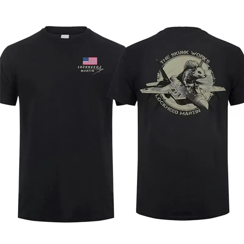 Men's Aviation Graphic T-Shirt - F-22 Raptor & Project Skunk Print, Unisex 2-Sided Round Neck Streetwear Top, Cotton Casual Tshirt, True to Size Fit, Printed, Colorful Airplane Graphic Men's Short-Sleeve T-Shirts
