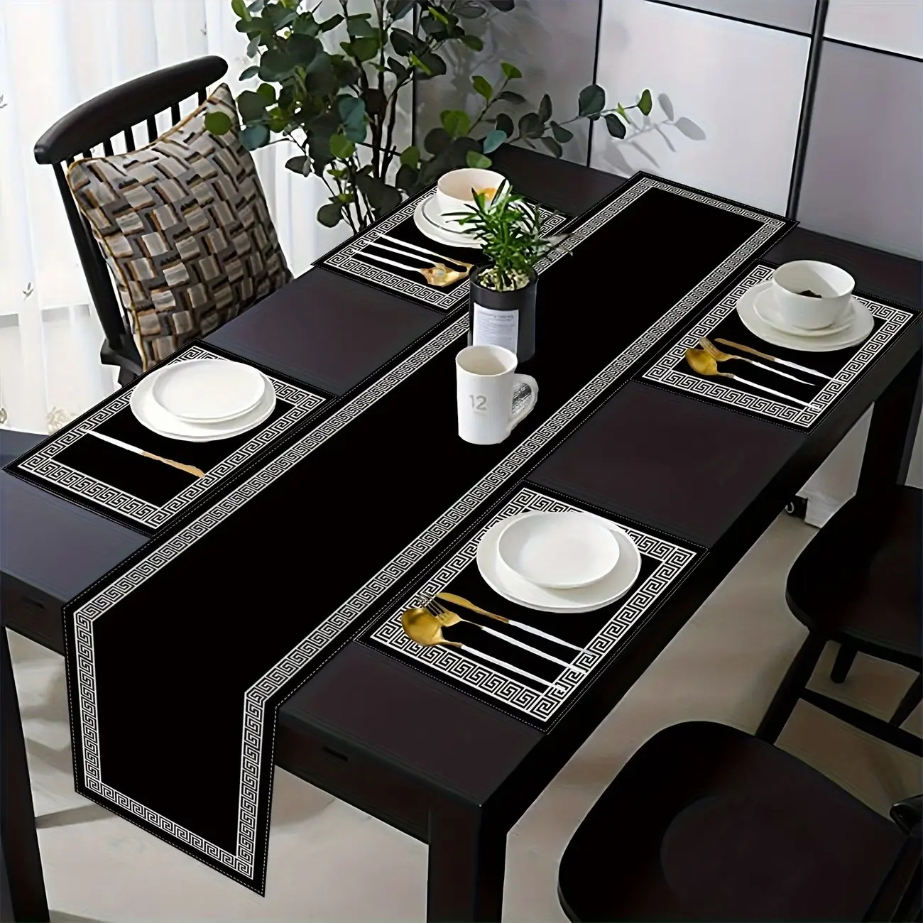 2D Plane Print Tablecloth and Placemat Set, Dining Table Mats, Table Placemats, Sleek Geometric Greek Key Design, Dining Decor, Home Decor, Kitchen Decorative Placemat, Seasonal Kitchen Decoration