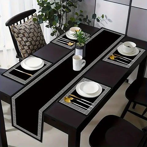 2D Plane Print Tablecloth and Placemat Set, Dining Table Mats, Table Placemats, Household Placemat, Sleek Geometric Greek Key Design, Dining Decor, Home Decor, Kitchen Decorative Placemat, Seasonal Kitchen Decoration