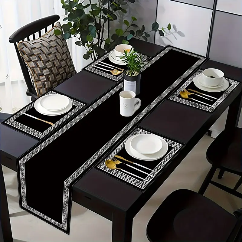 2D Plane Print Tablecloth and Placemat Set, Dining Table Mats, Table Placemats, Household Placemat, Sleek Geometric Greek Key Design, Dining Decor, Home Decor, Kitchen Decorative Placemat, Seasonal Kitchen Decoration