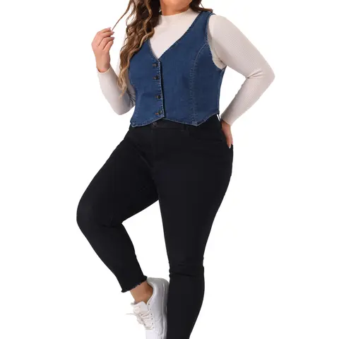 Agnes Orinda Plus Size Denim Vest for Women Sleeveless V Neck Button Down Casual Jean Waistcoat Jacket