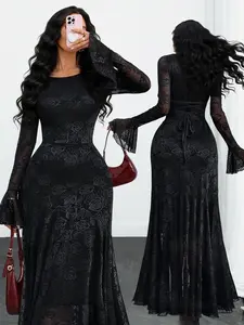 Women's Round Neck Elegant Printed Vintage Belted Waist Long Sleeve Mesh Irregular Dress, Fitted Style, All Seasons