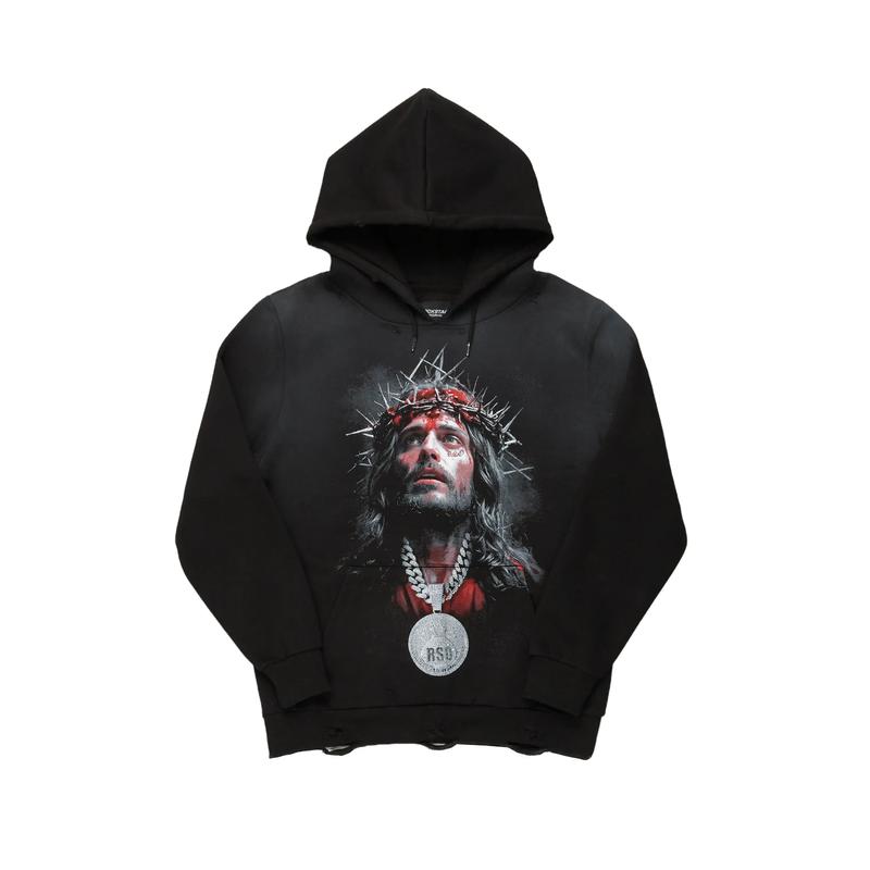 Amina Black Distressed Graphic Hoodie