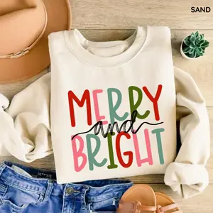 Merry and Bright Sweatshirt, Cute Family Sweatshirt, Shirts for Women, Merry Christmas Sweatshirt Womenswear