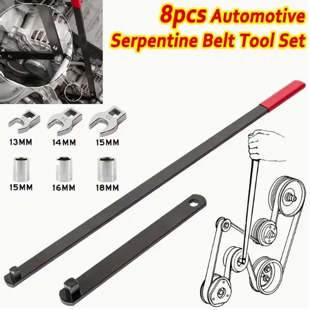 8pcs Professional Automotive Serpentine Belt Work Tool Set - 3/8"-1/2" Drive Adjust Tightener Wrench, Idler Pulley Adjuster for Car Engine Belt Removal, Installation, Repairs; Simplifies Repair Tasks, Enhances Engine Performance for Mechanics, Work Tools,