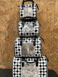 Genuine hand painted leather & cowhide speedy bag - Grey and black checkered