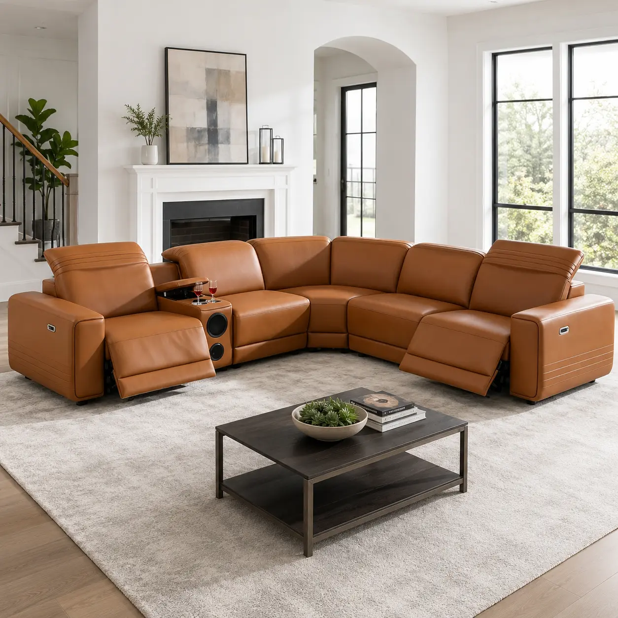 6-Piece Power Reclining Sectional Sofa with Bluetooth Speakers, Semi PU Leather L-Shaped Couch with USB Charging, Storage Console and Cup Holders