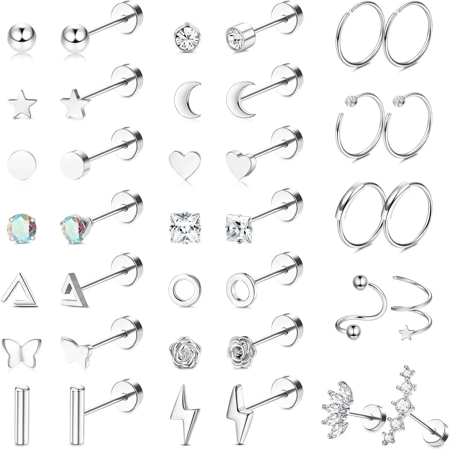 FASACCO 18G Surgical Steel Flatback Ear Stud Earrings - Anti-Rust, Crystal Encrusted Geometric Earrings for Women, Ideal for Helix, Tragus Cartilage Piercings, Summer Fashion Jewelry Hypoallergenic Cubic Zirconia
