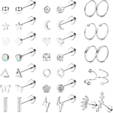 FASACCO 18G Surgical Steel Flat Back Earrings for Women - Hypoallergenic Cubic Zirconia, Anti-Rust Finish, Tarnish Free Nickel-Free Metal, AAA+ CZ Shine Crystal-Encrusted Heart Geometric, Ear Stacking Vertical Helix Tragus Piercings Jewelry