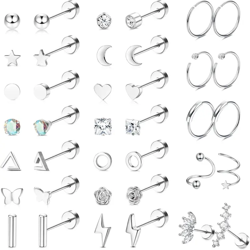 FASACCO 18G Surgical Steel Flat Back Earrings for Women - Hypoallergenic Cubic Zirconia, Anti-Rust Finish, Tarnish Free Nickel-Free Metal, AAA+ CZ Shine Crystal-Encrusted Heart Geometric, Ear Stacking Vertical Helix Tragus Piercings Jewelry