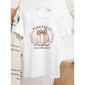 Womens Cotton Short Sleeve Graphic T Shirt Farm Fresh Pumpkin Print Cute Fall Autumn Outfit For Pumpkin Patch Harvest Festival Thanksgiving Casual Everyday Top