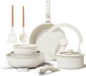 Ceramic Nonstick Cookware Set, Healthy,Non Toxic,17-Pieces Pots and Pans Set Removable Handles,Induction RV Kitchen Set,Stain & Scratch-resistant,Dishwasher/Oven Safe,PFAS/PFOA Free,Cream White