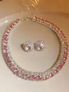 2026 Elegant Artificial Crystal Decorated Necklace & Stud Earrings, Fashion Jewelry Set for Party, Daily Decor, Trendy All-match & Exquisite Jewelry for Birthday Gift