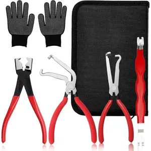 Quick Release Electrical Disconnect Pliers Set 5Pcs with Gloves Auto Connector Tool for Fuel Line Wiring Sensors Coils Truck Repair Red
