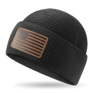 OUTDOOR SHAPING Grid Fleece Cuffed Beanie with Leather American Flag Patch Waffle Tactical Army Military Skull Cap