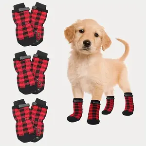 4-Piece Plaid Anti-Slip Dog Socks, Christmas Dog Socks with Velcro Fastening, Durable Polyester Paw Pad Protector