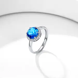Suplight S925 silver 8mm wide round zircon is surrounded by a 1mm wide small white zirconium moonstone adjustable ring