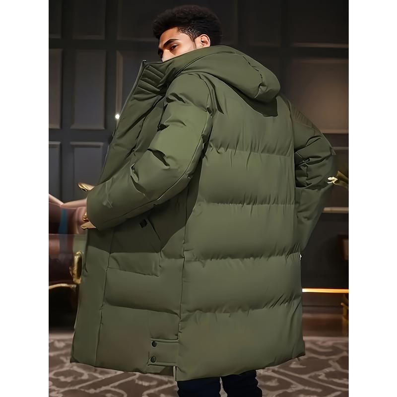 Men's long coat with hood, warm and thick polyester fiber, large pockets, zippered winter jacket, suitable for casual wear, essential for cold weather