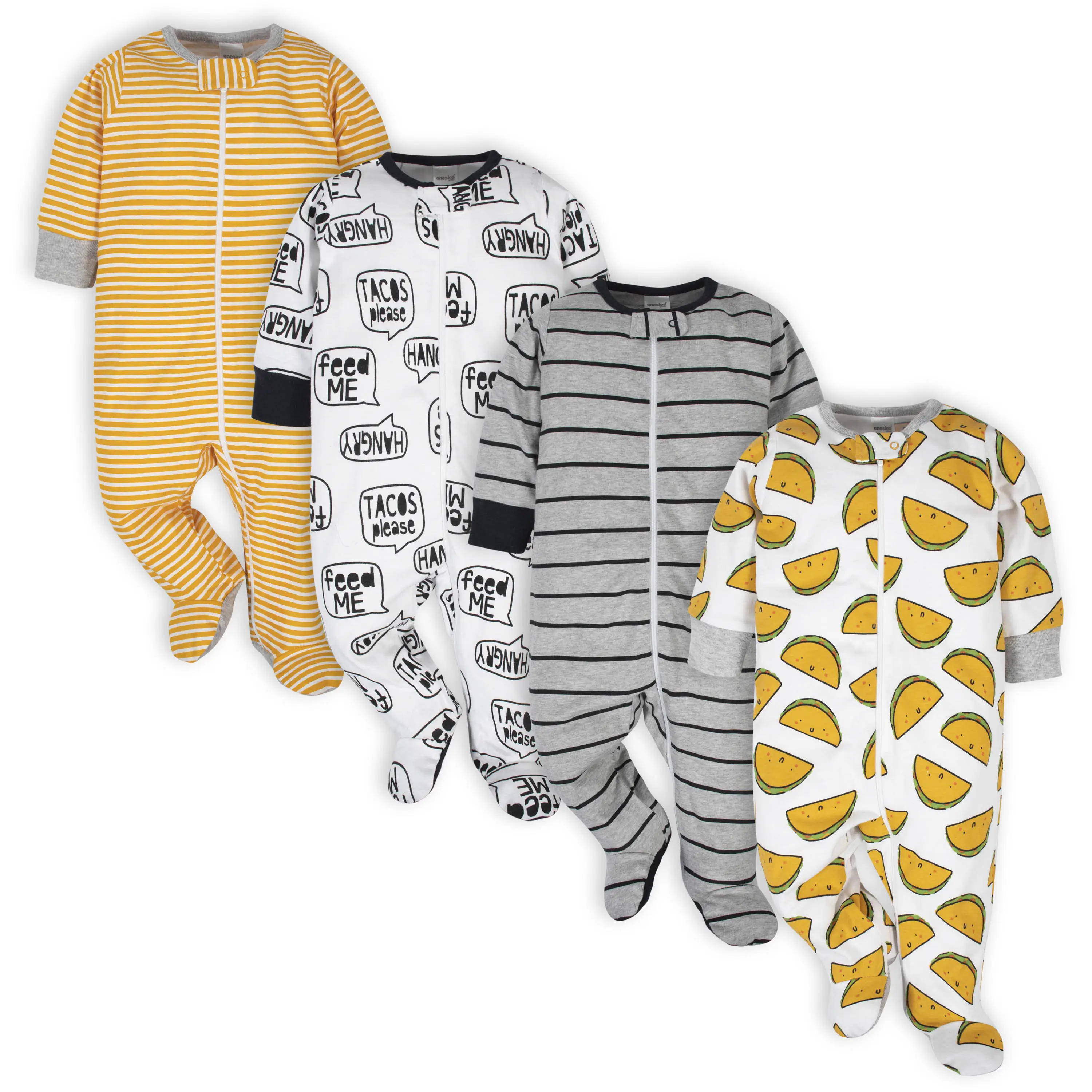 Let's Taco Bout It! Onesies Brand Baby Boys' Hungry Long Sleeve Footed Sleepers, 4-pack