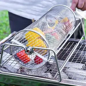 Portable Durable High-Temperature Outdoor BBQ Grill, Rotating Smoking Basket, Quick Lock Switch, Detachable Wood Handle, Ideal for Family Gatherings