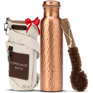 CLEO HOME 100% Pure Copper Bottle for Drinking, 32 Oz Hammered Ayurvedic Copper Bottle for Drinking| Leak-& Eco-Friendly| For Yoga, Office, Travel with Canvas Carry Bag & Brush