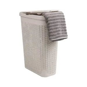 40L Slim Laundry Hamper, Clothes Basket, Lid, Wicker Design, Plastic, 18"L x 10.4"W x 23.5"H