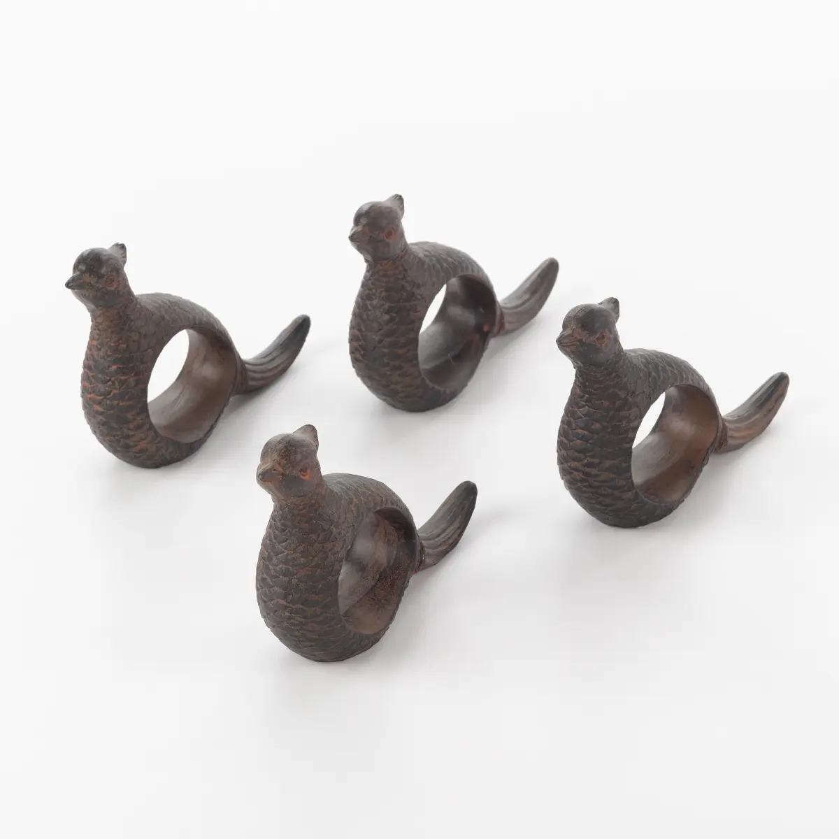 SARO NR809.BR Hand Carved Round Rustic Napkin Ring - Brown Pheasant Design Tableware, Farmhouse Chic Aesthetic, Adds Dimension, 4-Piece Set