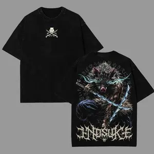 Demon Slayer Mens T-shirt, Inosuke Hashibira Shirt Tanjiro Kamado Tee Printed Kaos Short Sleeve Shirt Casual, Vintage Washed Tee Unisex Oversize Anime Manga Washed Heavyweight Cotton T-shirt