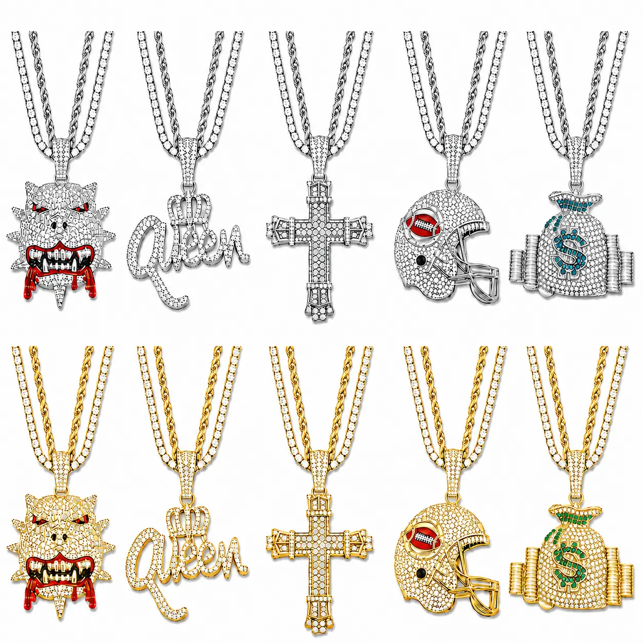 Iced Out Pendant Necklace Set - 20-Inch Tennis & Rope Chains, Gold & Silver, Affordable Statement Jewelry, Layered Daily Wear Style Hip Hop Accessory for Men