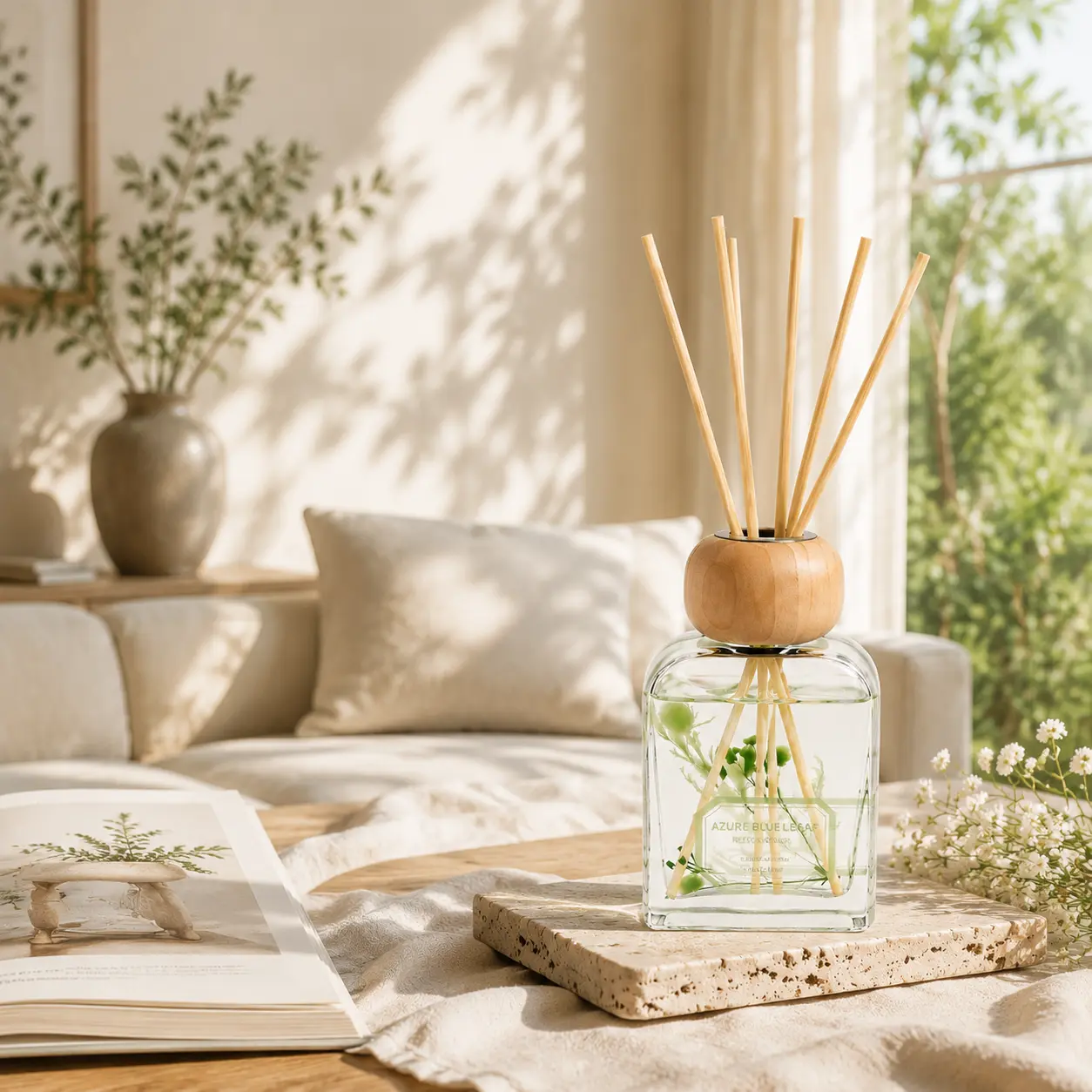 Pretty Valley Home Reed Diffuser with Sticks, Azure Blue Leaf Scent 3.4 fl oz, Decorative Glass Aroma Diffuser for Home Decor, Bathroom, Bedroom, Office, Living Room, Housewarming Gifts