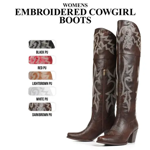 CYNLLIO Womens Over The Knee Cowboy Boots Square Toe Chunky Block High Heel Classic Chic Embroidered Wide Calf Tall Western Boots Side Zipper Closure Fashionable Party Music Festivals Wedding Cowgirl Vintage Summer Boot