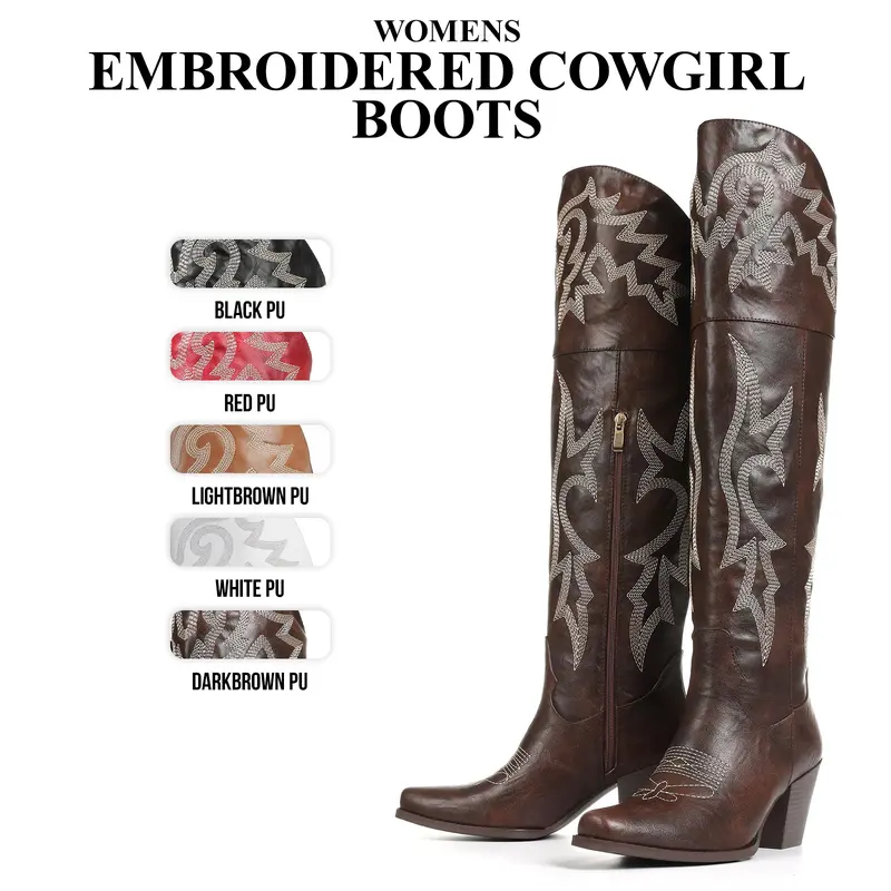 CYNLLIO Womens Over The Knee Cowboy Boots Square Toe Chunky Block High Heel Classic Chic Embroidered Wide Calf Tall Western Boots Side Zipper Closure Fashionable Party Music Festivals Wedding Cowgirl Vintage Summer Boot