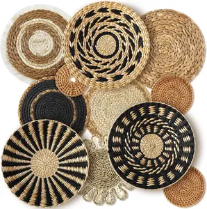 11 count Boho Hanging Wall Basket Decor  Woven Basket Wall Decorative Boho Wicker Baskets Placemats Round Farmhouse Bulrush Art for Rustic  Decorations Christmas (Assorted)