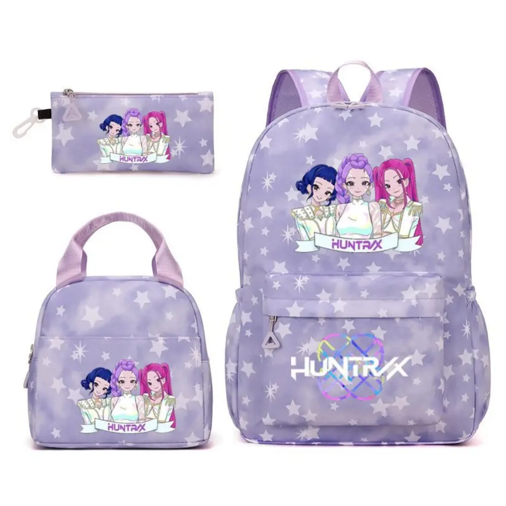 3Pcs Light Purple Star Print HUNTRX KPOP Cartoon Backpack Set for Teen Girls Kids, Large Capacity Lightweight Water Resistant Student School Backpack, Casual Daypack with Insulated Thermal Lunch Bag & Matching Printed Pencil Pouch, Breathable Mesh Padded