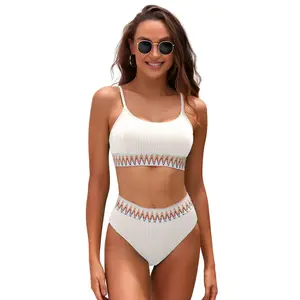 Women's White Textured High Waist Bikini Swimsuit with Contrast Banding - 2 Piece Bohemian Swimwear