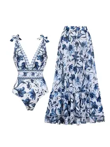 Women's V Neck Blue Print Bow Strap Non-Adjustable One-Piece Swimsuit and Matching Cover Skirt Set Summer Swimdress Swimming Bathing Suit Stylish Beachwear