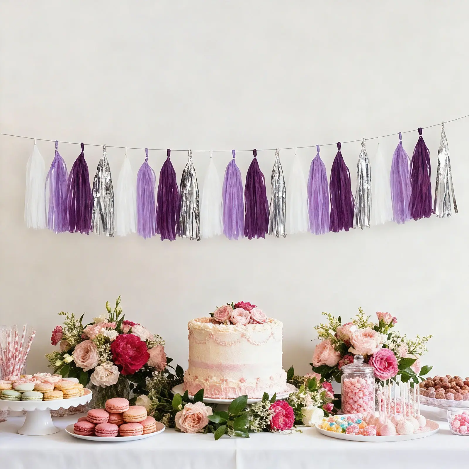 Pre-Tied Foil Tassel Garland Decorations, 16-Pack Purple & Silver Pre-Tied Tassels, 10ft Hanging String, Ceiling Decoration for Birthday, Baby Shower