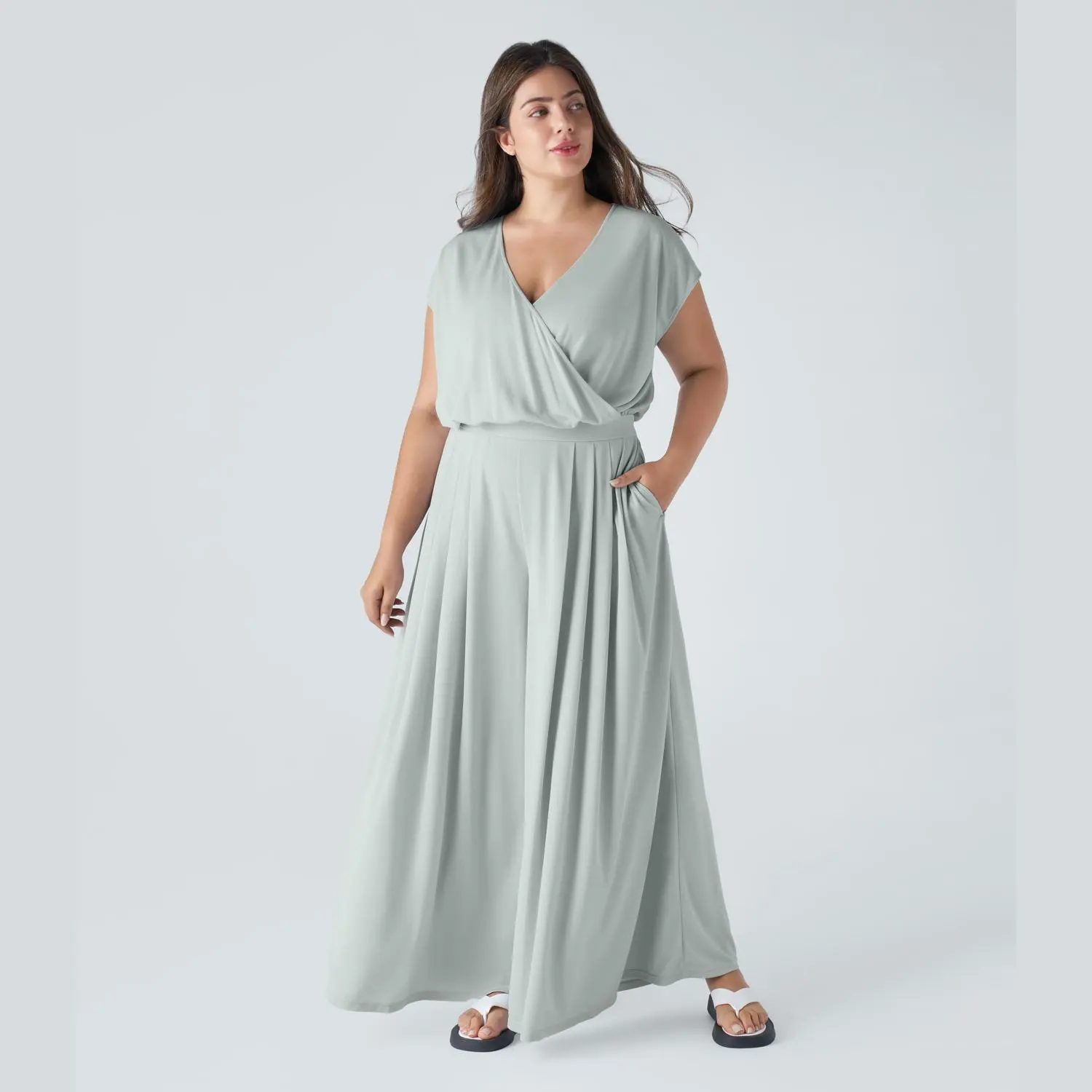 Halara V Neck Short Sleeve Plicated Side Pocket Wide Leg Flowy Waffle Casual Plus Size Jumpsuit #BackToSchool