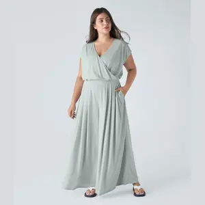 Halara V Neck Short Sleeve Plicated Side Pocket Wide Leg Flowy Waffle Casual Plus Size Jumpsuit