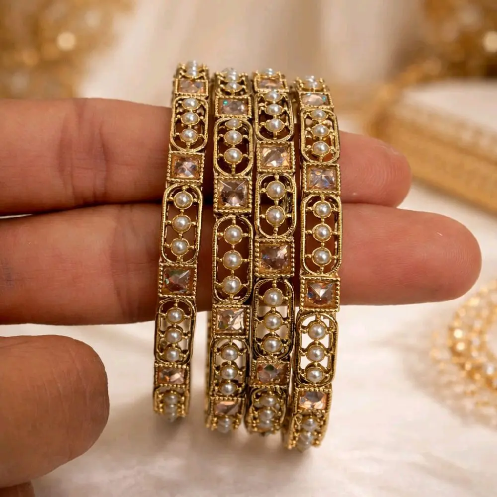 Pearl and Stone Bangle Set of 4 Antique Gold Plated with Crystal Accents for Women's Fashion Jewelry