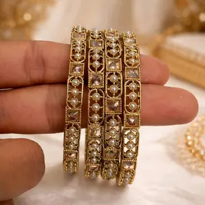 Pearl and Stone Bangle Set of 4 Antique Gold Plated with Crystal Accents for Women's Fashion Jewelry