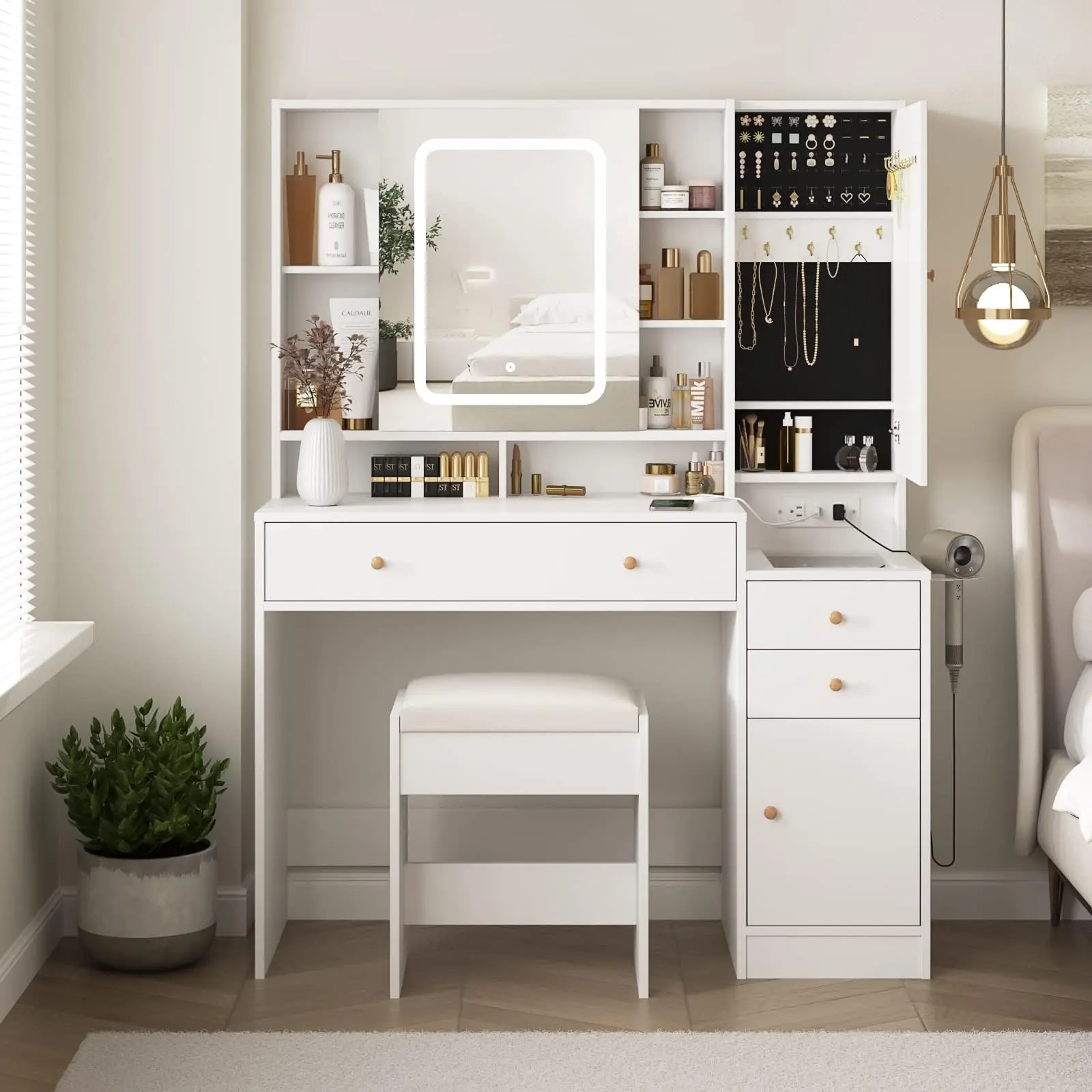 [SummerVibes] Vabches White Vanity Desk with Mirror and Lights, Vanity Table Makeup Vanity with Lights 3 Drawers and Cabinets