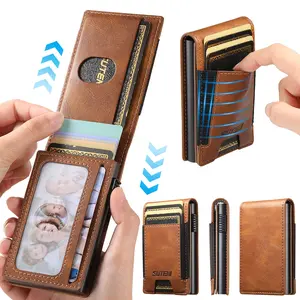 Genuine Leather Card Holder Wallet with Quick Pop Up Button RFID Blocking Slim Minimalist Design for Men