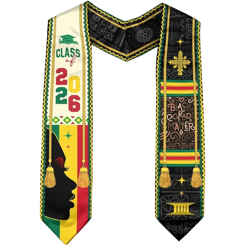 EastJia Made in USA Unisex 4.5in x 62in Rectangular Stole - Black African Motif Graphic Print, Soft Lightweight Breathable Polyester Shawl, 1-Pc Graduation Scarf for Ceremony Gifting