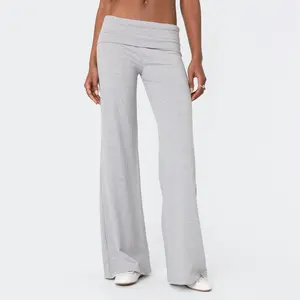 Women's Spring Summer Baggy Pants Foldover Waist Solid Color Loose Wide Leg Pants flare pants