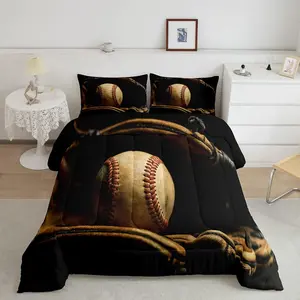Baseball Comforter Sets,Sports Game Bedding Baseball Player Duvet Insert for Kids Boys Teens,Retro Style Quilt,Brown Down Comforter