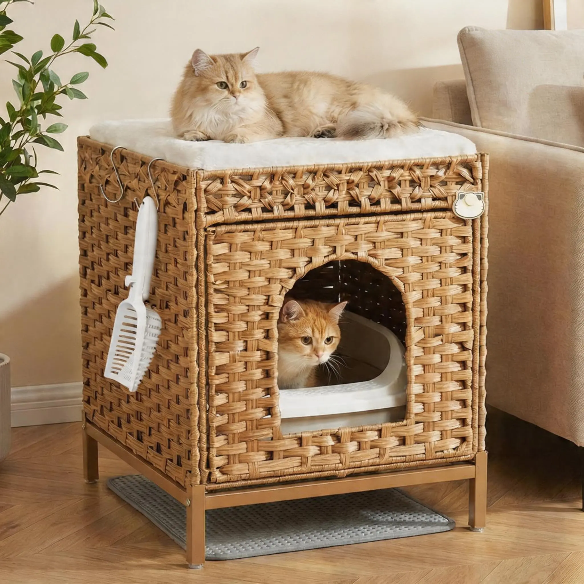 Cat Litter Box, Enclosure Hidden Litter Box Furniture with Metal Heightened Feet, Rattan Handwoven Cat House for Bedroom Living Room